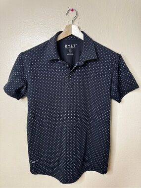 BYLT Premium Basics Mens M Lux Polo Shirt Black Polka Dot Stretch